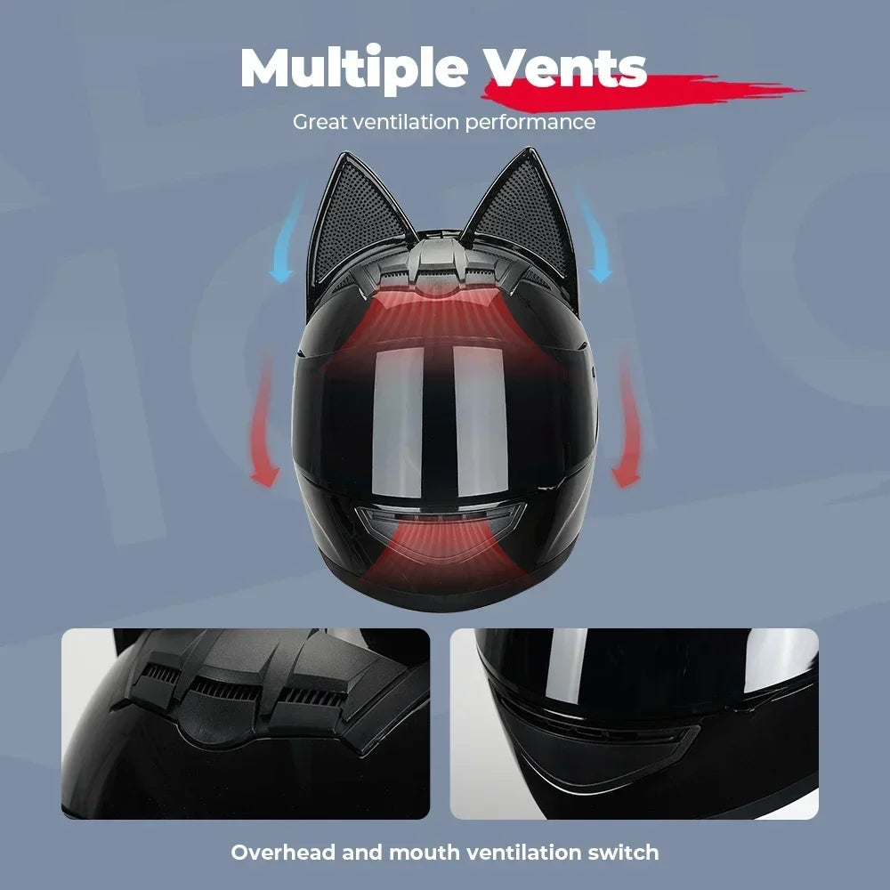 Cat Ear Motorcycle Helmet Full Face Detachable DOT Certification Safety Moto Helmet For Women Men Breathable Gift For Girlfriend