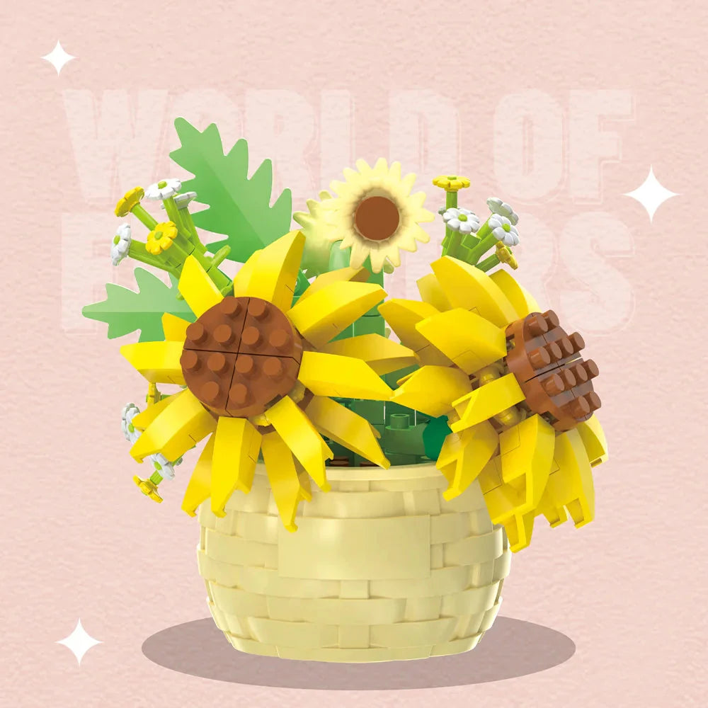 DIY Potted Plant Building Blocks Set - Rose Sunflower Succulents Bonsai Tree Romantic Garden Kids Model Bricks Toy Kit