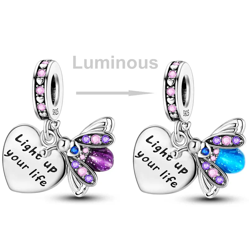 925 Sterling Silver Pink Butterfly & Luminous Firefly Charm – Dangle Bead for Bracelet or Necklace | Elegant DIY Jewelry Gift for Women