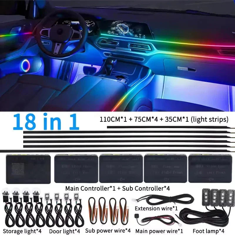 Universal 18-in-1 RGB Car Ambient Light Kit - Full Color App-Controlled Neon Strips