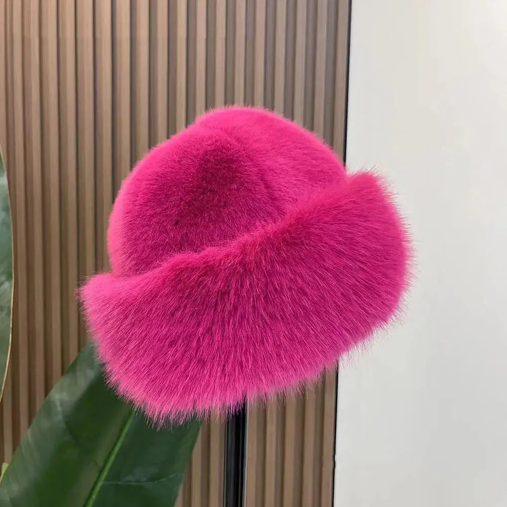 New Fluffy Fur Women's Winter Hat Winter Snow Ski Cap Female Faux Fur Thick Warm Windproof Hat Russian Hat Mink Fisherman's Hat