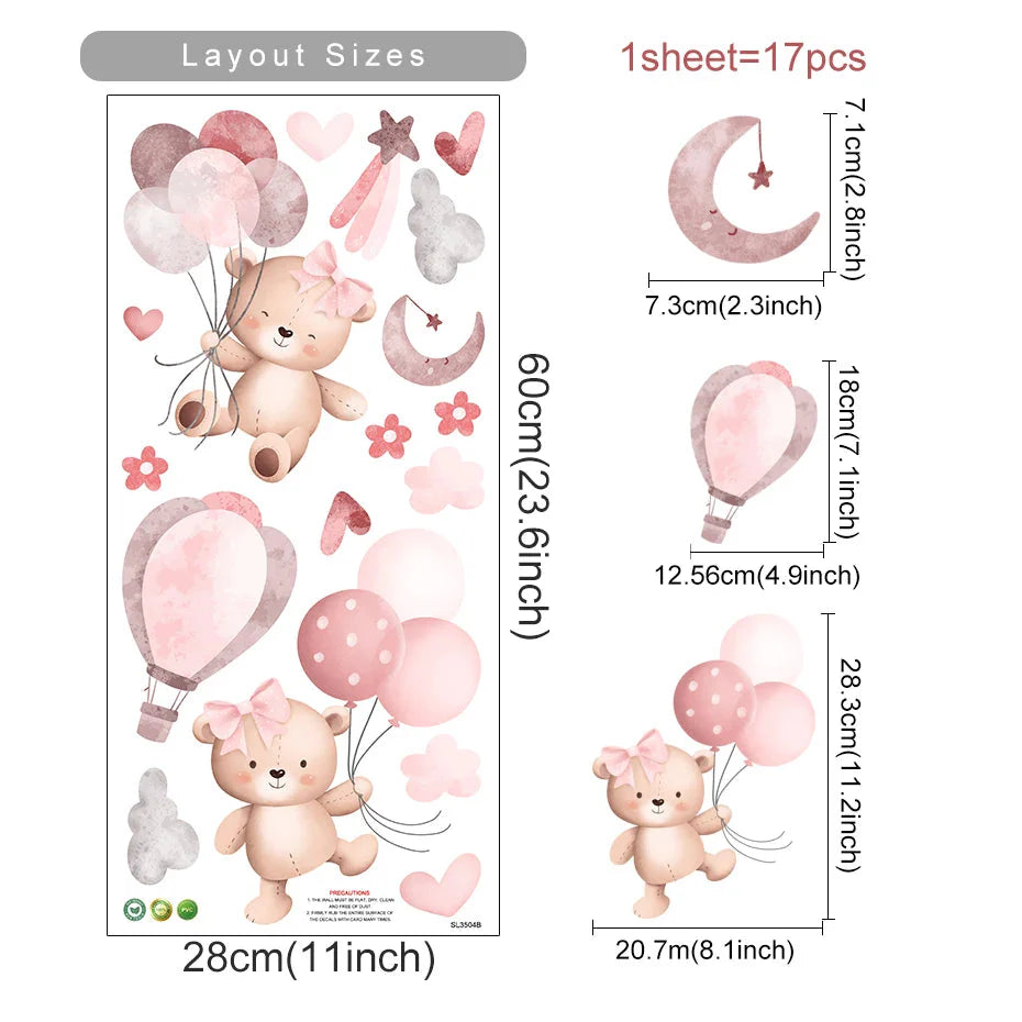 Pink Cartoon Bear Wall Stickers for Kids & Nursery Room Decor