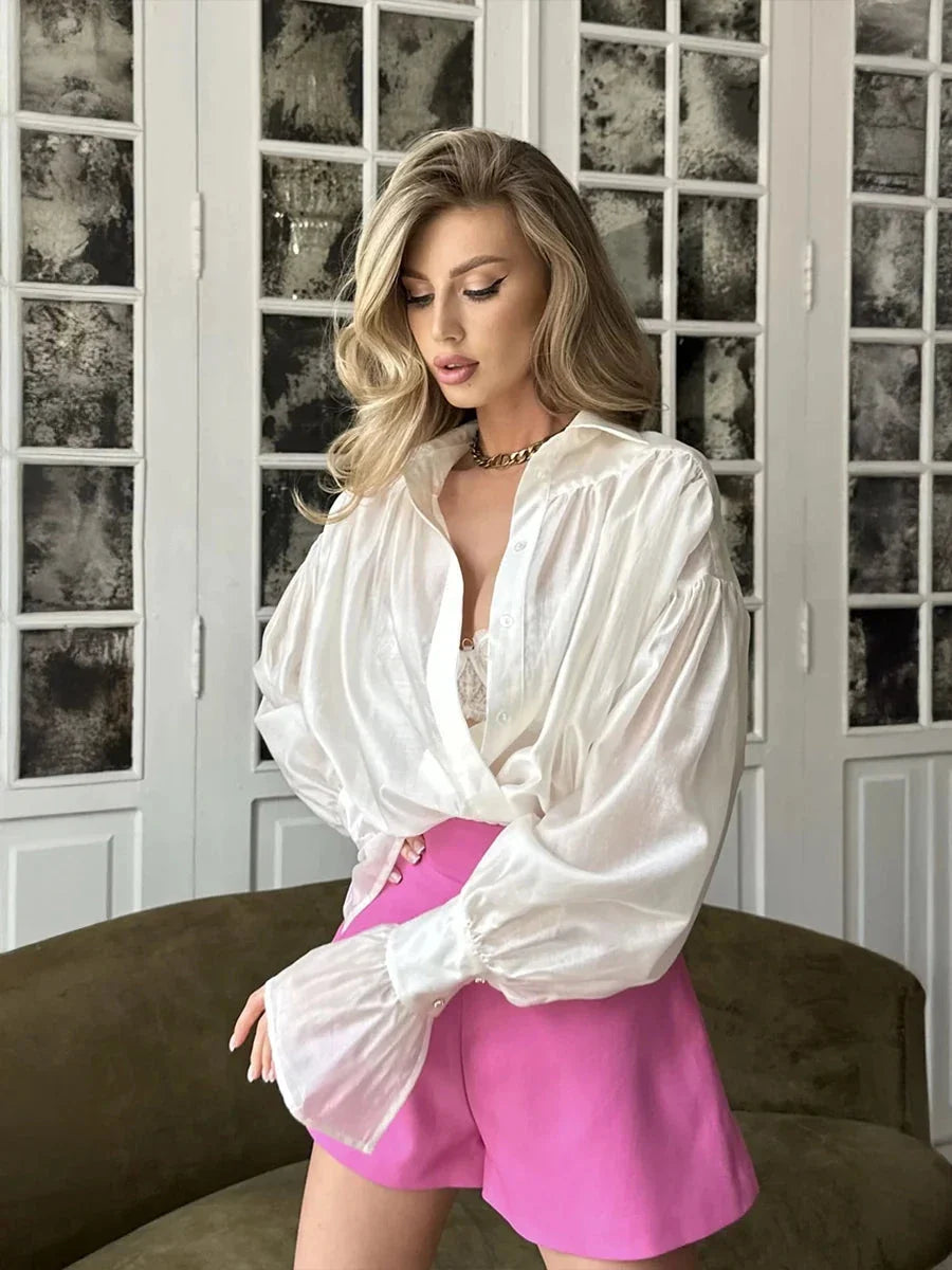 Women’s Autumn Office Shirt – Loose Fit Chiffon Blouse with Flare Sleeves & Turn-Down Collar, Solid Color Long Sleeve Top