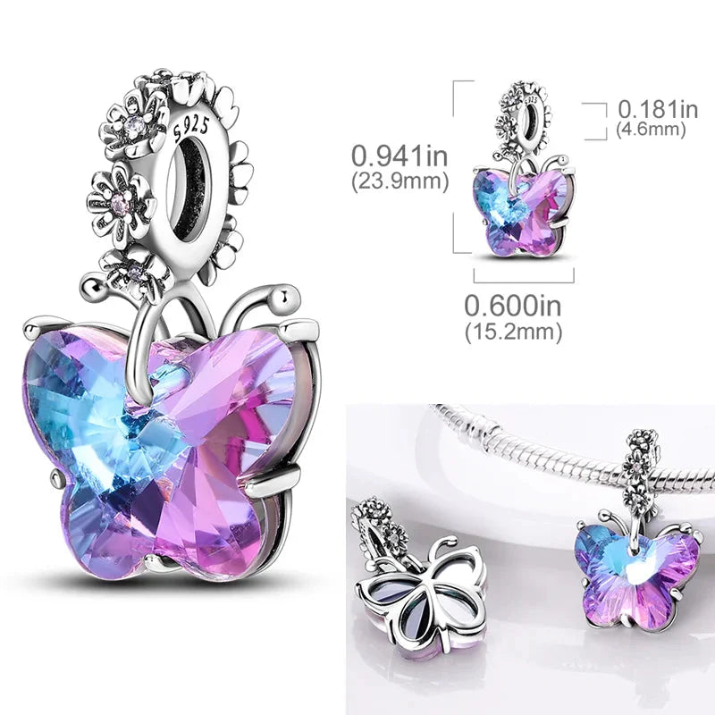 925 Sterling Silver Pink Butterfly & Luminous Firefly Charm – Dangle Bead for Bracelet or Necklace | Elegant DIY Jewelry Gift for Women
