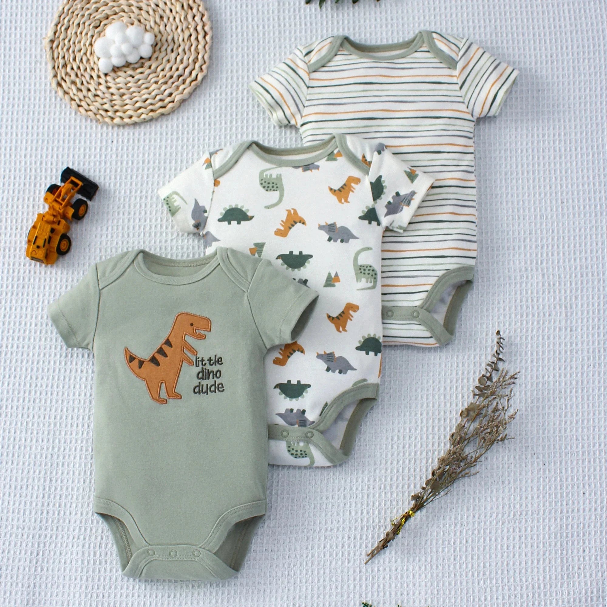 3PCS Baby Bodysuit Set for Boys | Summer Short Sleeve Cotton Romper with Cartoon Dinosaur & Stripe Designs