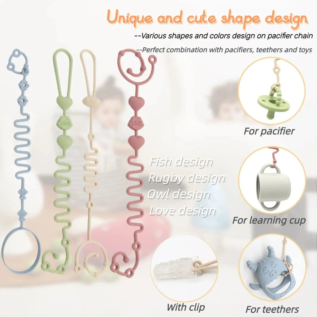 4PCS Adjustable Silicone Pacifier Chain Set | Safe Teether Toys for Baby Crib, High Chair & Gift Set – Beige