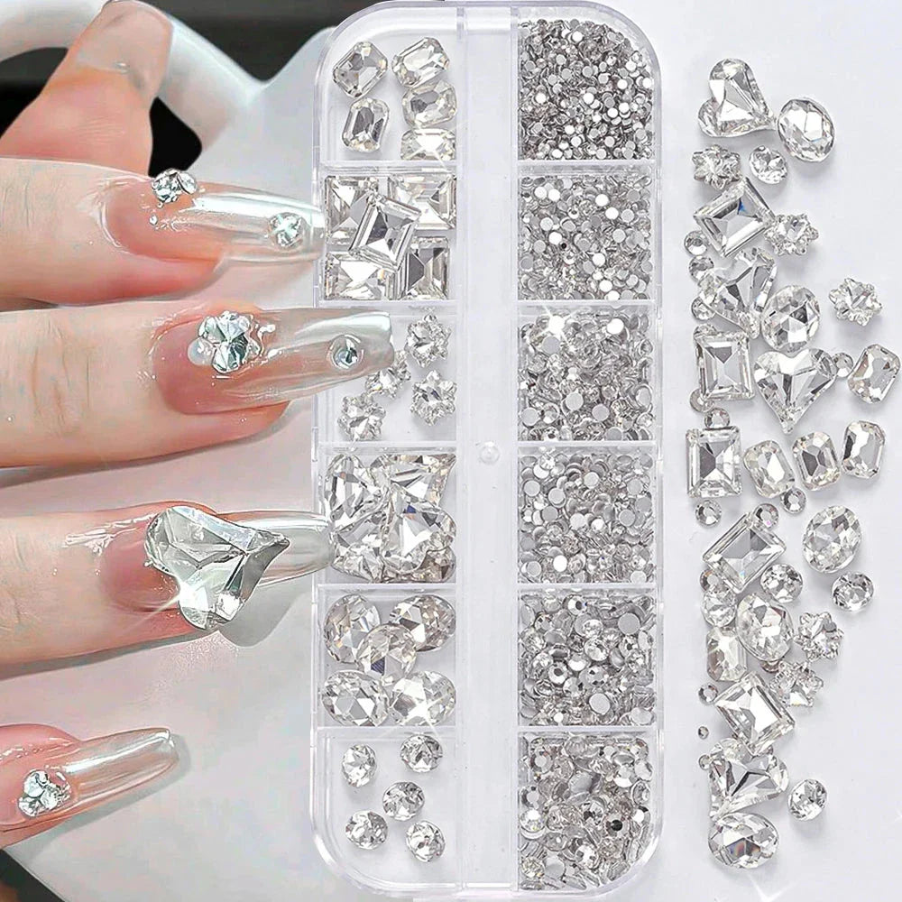 180pcs AB Flatback Glass Nail Rhinestones - Multi-Shape Gems for DIY Nail Art