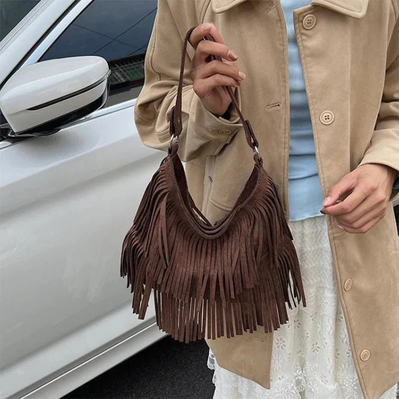 Boho Style Fringe Rivet Crossbody Bag