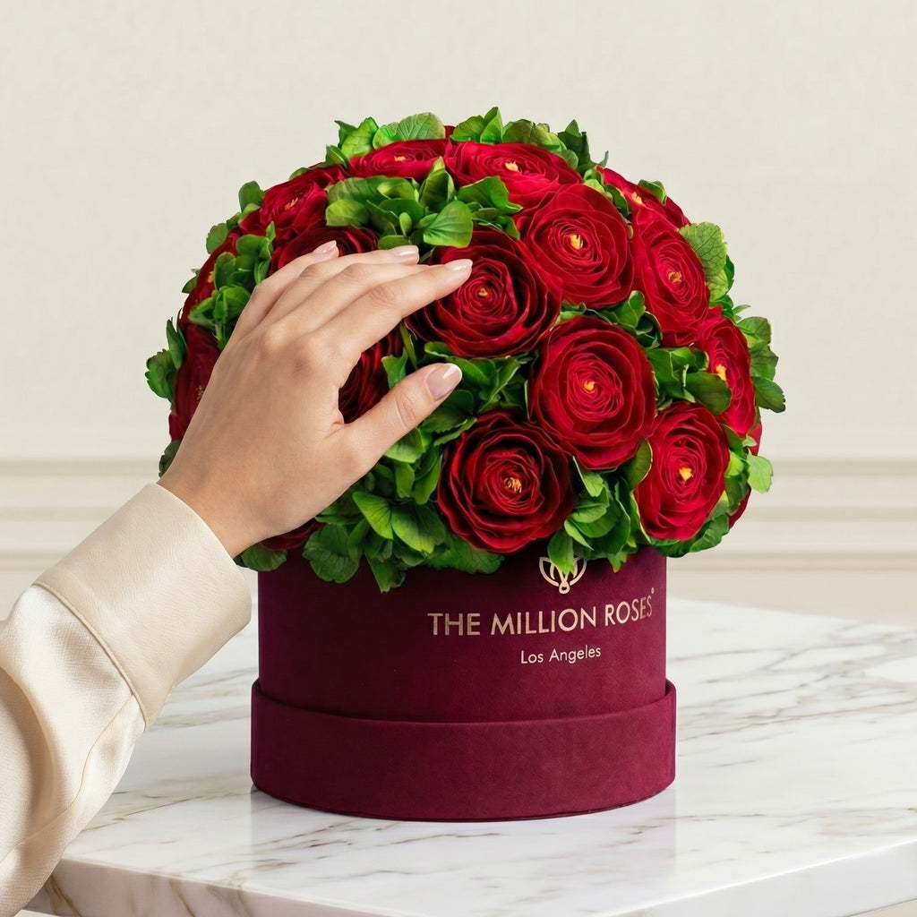 Classic Bordeaux Suede Box | Red Persian Buttercups & Green Hydrangeas