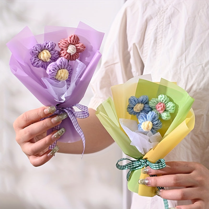 1pc Charming Mini Knitted Flower Bouquet with Heart-Patterned Tissue Paper - Ideal for Valentine's, Mother's Day & Anniversaries | Colorful Home Decor Accent, Bouquet Accessories