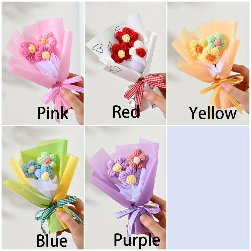 1pc Charming Mini Knitted Flower Bouquet with Heart-Patterned Tissue Paper - Ideal for Valentine's, Mother's Day & Anniversaries | Colorful Home Decor Accent, Bouquet Accessories