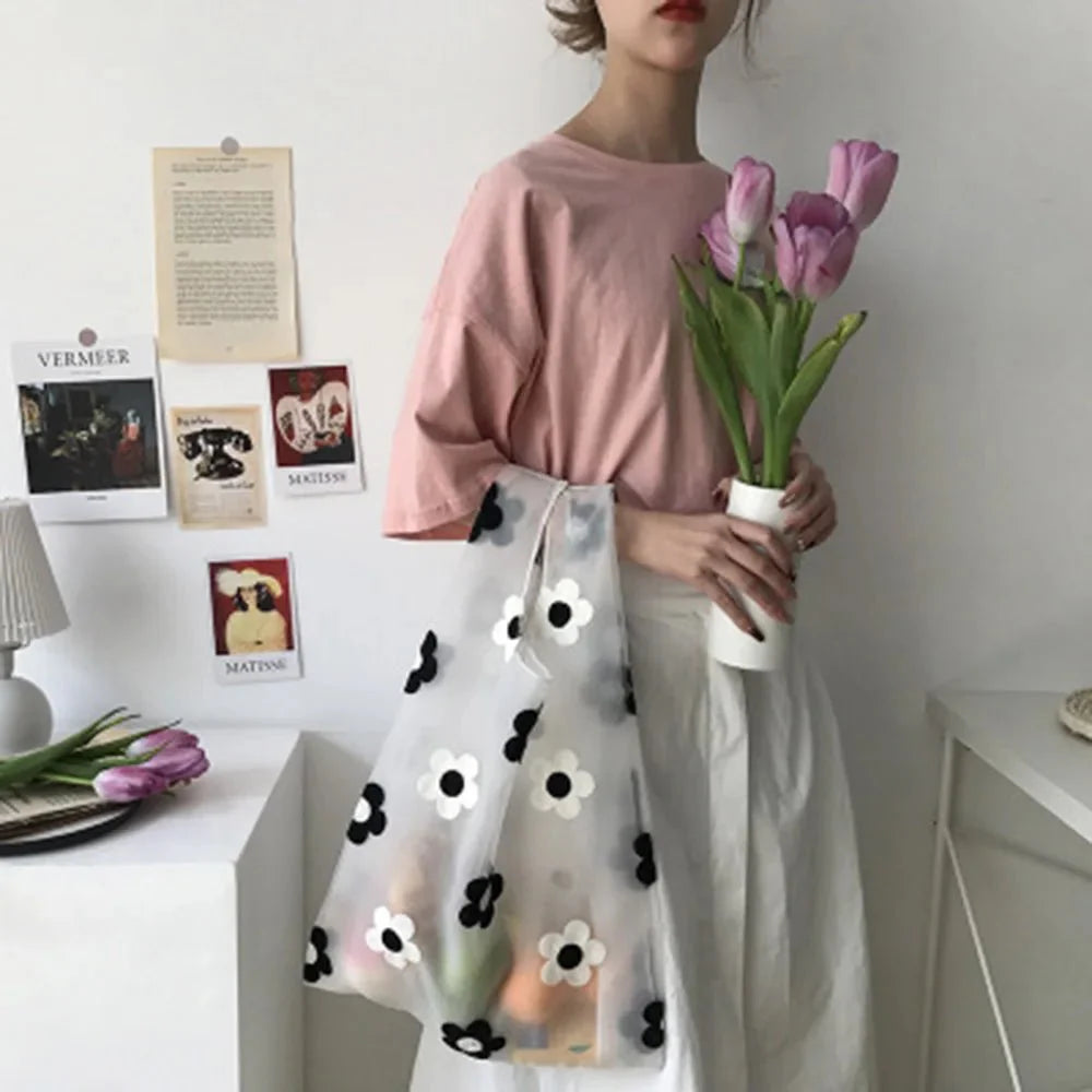 Lightweight Organza Tote Bag with Embroidered Floral Design