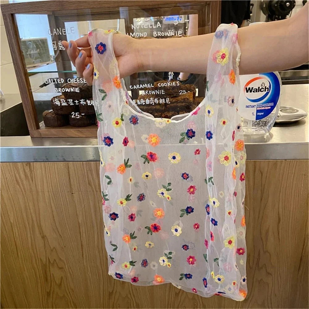 Lightweight Organza Tote Bag with Embroidered Floral Design