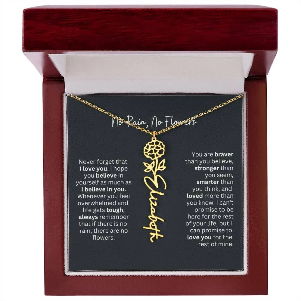 No Rain No Flowers Birth Necklace - Personalized Name Jewelry