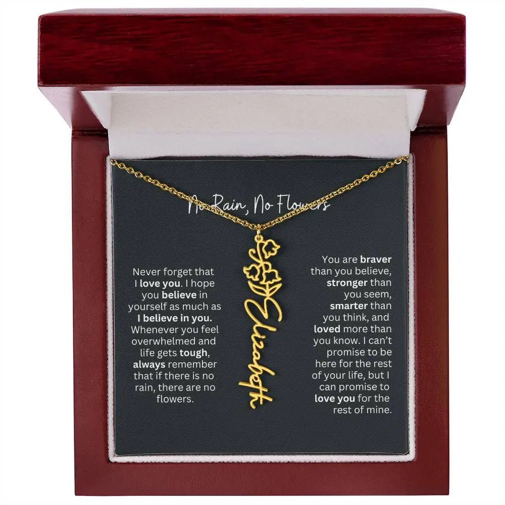 No Rain No Flowers Birth Necklace - Personalized Name Jewelry